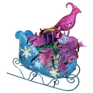 7" Vintage Hot Pink & Purple Decorations in Blue Snowflake Sleigh